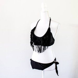 NWOT Black Bikini w/ Fringe & Side Tie Bottoms (L)